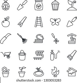 Thin Line Icon Set - flower in pot vector, trowel, rake, ladder, seedling, wheelbarrow, bucket, sproute, saw, butterfly, lady bug, fire, well, hose, garden knife, light, pond, sprayer, fertilizer