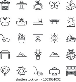 Thin Line Icon Set - flower in pot vector, lawn mower, butterfly, lady bug, sun, pond, picnic table, brightness, pool, fruit tree, mountains, restaurant, alcove