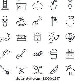 Thin Line Icon Set - flower in pot vector, shovel, ripper, rake, ladder, seedling, bucket, sproute, sickle, garden knife, axe, plant label, pumpkin, light, fireplace, seeds, caterpillar, pond, eco