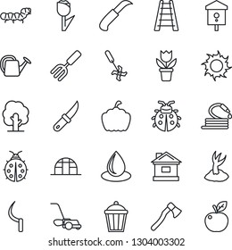 Thin Line Icon Set - flower in pot vector, garden fork, ladder, tree, watering can, sproute, lawn mower, lady bug, house, water drop, sun, hose, sickle, knife, axe, pumpkin, light, greenhouse, bird