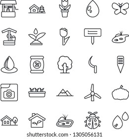 Thin Line Icon Set - flower in pot vector, tree, butterfly, lady bug, seedling, water drop, well, sickle, plant label, pumpkin, fertilizer, tulip, photo gallery, house with, pond, windmill, eco