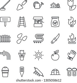 Thin Line Icon Set - flower in pot vector, trowel, fence, ladder, watering can, bucket, glove, fire, sun, well, hoe, garden knife, plant label, greenhouse, seeds, fertilizer, drip irrigation, tulip