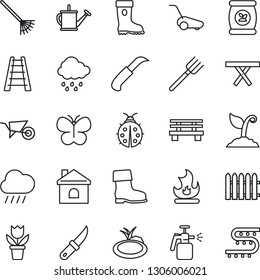 Thin Line Icon Set - flower in pot vector, farm fork, fence, rake, ladder, watering can, wheelbarrow, sproute, boot, lawn mower, butterfly, lady bug, fire, house, rain, garden knife, bench, pond