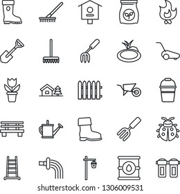 Thin Line Icon Set - flower in pot vector, garden fork, shovel, fence, rake, ladder, watering can, wheelbarrow, bucket, boot, lawn mower, lady bug, fire, bench, light, pond, bird house, fertilizer