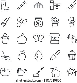 Thin Line Icon Set - flower in pot vector, trowel, farm fork, watering can, bucket, boot, saw, lawn mower, butterfly, water drop, well, hoe, garden knife, pumpkin, light, greenhouse, seeds, salad