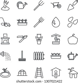 Thin Line Icon Set - flower in pot vector, trowel, farm fork, fence, rake, ladder, watering can, wheelbarrow, sproute, pruner, lawn mower, seedling, water drop, well, pumpkin, fireplace, greenhouse