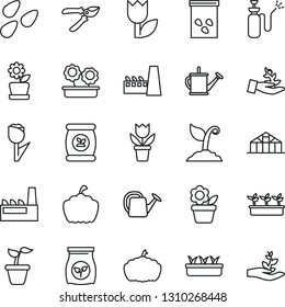 Thin Line Icon Set - flower in pot vector, seedling, watering can, sproute, pruner, pumpkin, greenhouse, seeds, garden sprayer, fertilizer, tulip, factory, palm