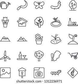 Thin Line Icon Set - flower in pot vector, tree, watering can, wheelbarrow, sproute, butterfly, sickle, caterpillar, pond, bird house, gallery, photo, windmill, fruit, mountains, alcohol, eco