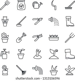 Thin Line Icon Set - flower in pot vector, shovel, farm fork, rake, seedling, watering can, sproute, pruner, boot, hoe, sickle, garden sprayer, fertilizer, irrigation