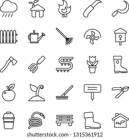Thin Line Icon Set - flower in pot vector, garden fork, ripper, fence, rake, watering can, bucket, sproute, pruner, boot, fire, rain, hose, sickle, knife, axe, plant label, bench, bird house, eco