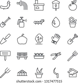 Thin Line Icon Set - flower in pot vector, trowel, shovel, farm fork, seedling, watering, pruner, glove, water drop, sickle, plant label, bench, pumpkin, fireplace, greenhouse, caterpillar, apple