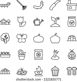 Thin Line Icon Set - flower in pot vector, rake, tree, watering can, sproute, butterfly, lady bug, fire, seedling, garden knife, pumpkin, light, fireplace, greenhouse, caterpillar, fertilizer, tulip
