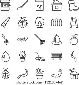 Thin Line Icon Set - flower in pot vector, fence, rake, ladder, tree, boot, saw, lawn mower, lady bug, house, water drop, well, hoe, sickle, bench, seeds, caterpillar, ripper, apple fruit, eco