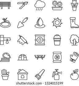 Thin Line Icon Set - flower in pot vector, trowel, tree, bucket, pruner, glove, boot, saw, house, water drop, sun, rain, hose, bench, greenhouse, pond, picnic table, garden sprayer, fertilizer