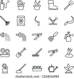 Thin Line Icon Set - flower in pot vector, garden fork, shovel, farm, rake, seedling, watering can, sproute, pruner, boot, hoe, sickle, sprayer, fertilizer, irrigation