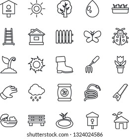 Thin Line Icon Set - flower in pot vector, garden fork, fence, ladder, tree, sproute, glove, boot, saw, butterfly, lady bug, house, seedling, water drop, sun, rain, hose, bench, pond, bird, salad