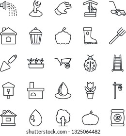 Thin Line Icon Set - flower in pot vector, trowel, farm fork, ladder, tree, wheelbarrow, watering, sproute, glove, boot, lawn mower, lady bug, house, seedling, water drop, well, pumpkin, fireplace
