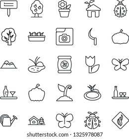 Thin Line Icon Set - flower in pot vector, tree, watering can, sproute, butterfly, lady bug, seedling, sickle, plant label, pumpkin, pond, fertilizer, tulip, photo gallery, house with, fruit, eco