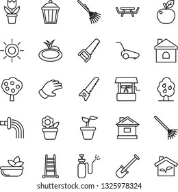 Thin Line Icon Set - flower in pot vector, shovel, rake, ladder, seedling, watering, glove, saw, lawn mower, house, sun, well, garden light, pond, picnic table, sprayer, fruit tree, salad, apple