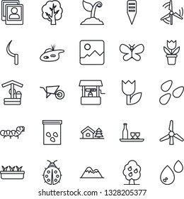 Thin Line Icon Set - flower in pot vector, tree, wheelbarrow, sproute, butterfly, lady bug, seedling, well, sickle, plant label, seeds, caterpillar, tulip, gallery, photo, house with, pond, windmill