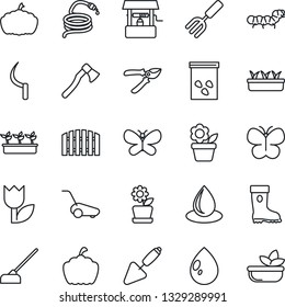 Thin Line Icon Set - flower in pot vector, trowel, garden fork, pruner, boot, lawn mower, butterfly, seedling, water drop, well, hose, hoe, sickle, axe, pumpkin, seeds, caterpillar, tulip, fence