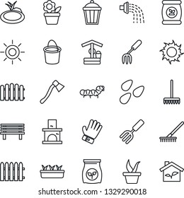 Thin Line Icon Set - flower in pot vector, garden fork, fence, rake, seedling, bucket, watering, glove, sun, well, axe, bench, light, fireplace, seeds, caterpillar, pond, fertilizer, eco house