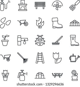 Thin Line Icon Set - flower in pot vector, garden fork, ripper, rake, ladder, seedling, watering can, wheelbarrow, boot, lady bug, fire, bench, fireplace, greenhouse, seeds, picnic table, sprayer