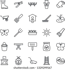 Thin Line Icon Set - flower in pot vector, garden fork, farm, rake, ladder, wheelbarrow, bucket, pruner, glove, boot, saw, lawn mower, butterfly, lady bug, seedling, sun, plant label, fireplace