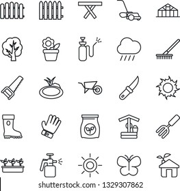 Thin Line Icon Set - flower in pot vector, garden fork, fence, rake, tree, wheelbarrow, glove, boot, saw, lawn mower, butterfly, seedling, sun, rain, well, knife, greenhouse, pond, picnic table