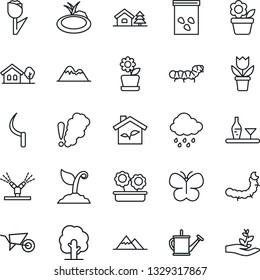 Thin Line Icon Set - flower in pot vector, tree, watering can, wheelbarrow, sproute, butterfly, rain, sickle, seeds, caterpillar, pond, tulip, house with, mountains, alcohol, eco, irrigation, palm
