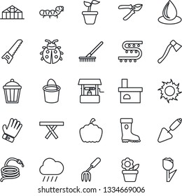 Thin Line Icon Set - flower in pot vector, trowel, garden fork, rake, seedling, bucket, pruner, glove, boot, saw, lady bug, water drop, sun, rain, well, hose, axe, pumpkin, light, fireplace, tulip