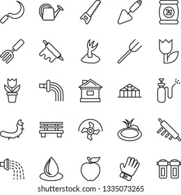 Thin Line Icon Set - flower in pot vector, trowel, garden fork, farm, ripper, watering can, sproute, glove, saw, house, water drop, sickle, bench, greenhouse, caterpillar, pond, sprayer, fertilizer