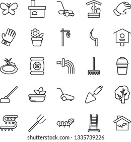 Thin Line Icon Set - flower in pot vector, trowel, farm fork, rake, ladder, tree, bucket, watering, glove, lawn mower, butterfly, well, hoe, sickle, garden light, fireplace, caterpillar, pond, salad