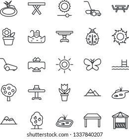 Thin Line Icon Set - flower in pot vector, lawn mower, butterfly, lady bug, sun, pond, picnic table, brightness, pool, fruit tree, mountains, restaurant, alcove