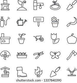 Thin Line Icon Set - flower in pot vector, trowel, ripper, seedling, watering can, wheelbarrow, sproute, pruner, boot, butterfly, fire, well, sickle, axe, plant label, pumpkin, fireplace, pond