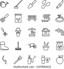 Thin Line Icon Set - flower in pot vector, trowel, garden fork, farm, rake, seedling, watering can, wheelbarrow, boot, house, well, hoe, sickle, knife, bench, seeds, pond, sprayer, fertilizer