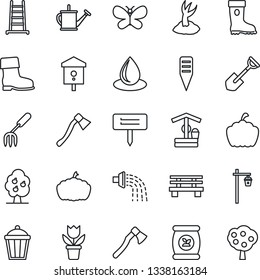 Thin Line Icon Set - flower in pot vector, garden fork, shovel, ladder, watering can, sproute, boot, butterfly, water drop, well, axe, plant label, bench, pumpkin, light, bird house, fertilizer