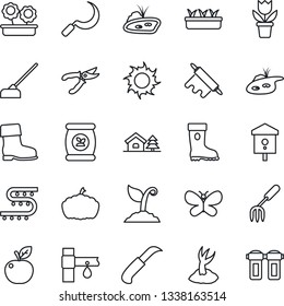 Thin Line Icon Set - flower in pot vector, garden fork, sproute, pruner, boot, butterfly, seedling, sun, hoe, sickle, knife, pumpkin, bird house, fertilizer, drip irrigation, with tree, pond