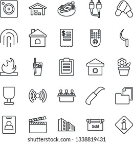 Thin Line Icon Set - flower in pot vector, house, sickle, garden knife, pills, folder document, fragile, flammable, route, clapboard, remote control, rca, mobile camera, fingerprint id, clipboard