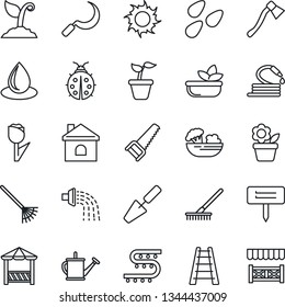 Thin Line Icon Set - flower in pot vector, trowel, rake, ladder, seedling, watering can, sproute, saw, lady bug, house, water drop, sun, hose, sickle, axe, plant label, seeds, drip irrigation, tulip