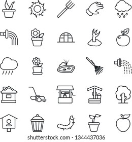 Thin Line Icon Set - flower in pot vector, farm fork, rake, seedling, tree, watering, sproute, glove, lawn mower, house, sun, rain, well, garden light, greenhouse, caterpillar, bird, pond