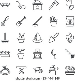 Thin Line Icon Set - flower in pot vector, trowel, garden fork, shovel, rake, seedling, wheelbarrow, lawn mower, fire, house, water drop, hoe, sickle, axe, fireplace, pond, picnic table, sprayer