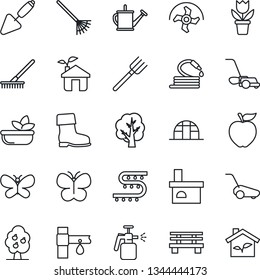 Thin Line Icon Set - flower in pot vector, trowel, farm fork, ripper, rake, tree, watering can, boot, lawn mower, butterfly, hose, bench, fireplace, greenhouse, garden sprayer, drip irrigation