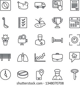 Thin Line Icon Set - Flower In Pot Vector, Bench, Pond, Pills, Hospital Bed, Lungs, Doctor, Mobile Tracking, Car Delivery, Video Camera, Clock, Calendar, Compass, Checklist, Contract, Cook, Chicken