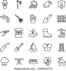 Thin Line Icon Set - flower in pot vector, trowel, shovel, fence, rake, ladder, tree, watering, pruner, glove, boot, butterfly, seedling, water drop, rain, well, hose, garden knife, light, pond, eco