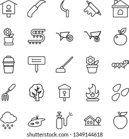 Thin Line Icon Set - flower in pot vector, garden fork, tree, wheelbarrow, bucket, fire, house, rain, hoe, sickle, knife, plant label, seeds, caterpillar, bird, sprayer, drip irrigation, with, pond