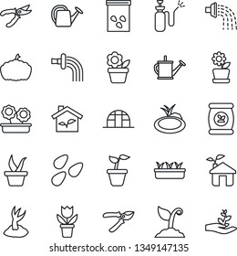 Thin Line Icon Set - flower in pot vector, seedling, watering can, sproute, pruner, pumpkin, greenhouse, seeds, pond, garden sprayer, fertilizer, eco house, palm