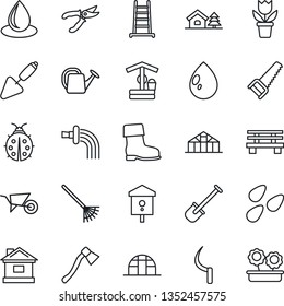 Thin Line Icon Set - flower in pot vector, trowel, shovel, rake, ladder, watering can, wheelbarrow, pruner, boot, saw, lady bug, house, water drop, well, sickle, axe, bench, greenhouse, seeds, bird