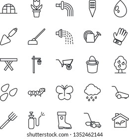 Thin Line Icon Set - flower in pot vector, trowel, farm fork, watering can, wheelbarrow, bucket, glove, boot, lawn mower, butterfly, water drop, rain, hoe, plant label, garden light, greenhouse