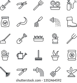 Thin Line Icon Set - flower in pot vector, garden fork, shovel, farm, rake, seedling, watering can, pruner, boot, hoe, sickle, sprayer, fertilizer, irrigation